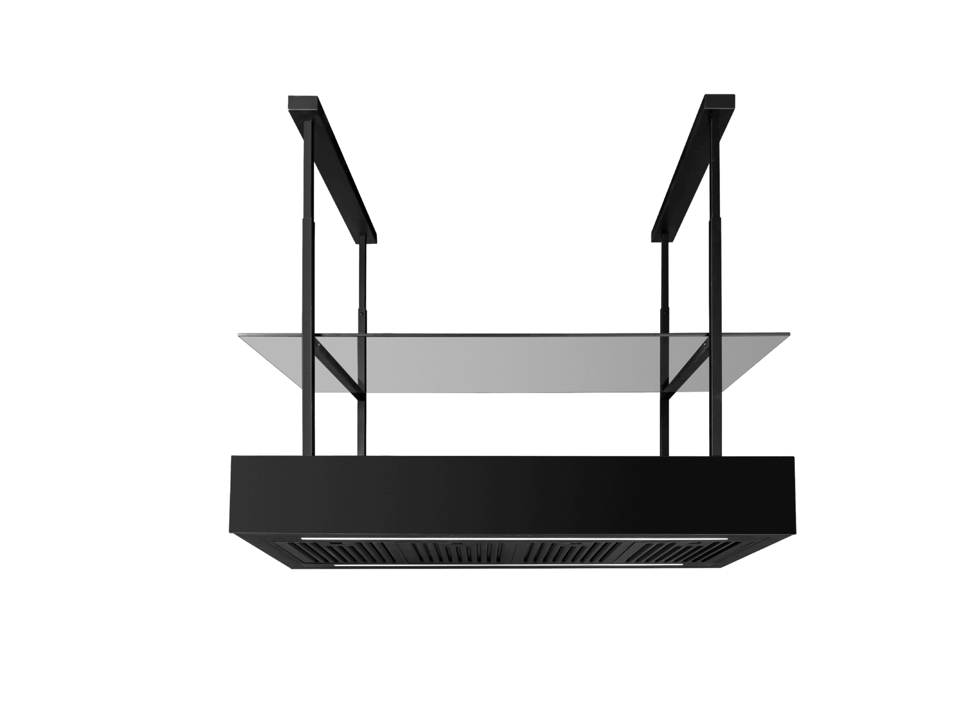 Czarny okap wyspowy o minimalistycznym designie.