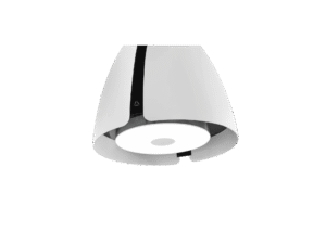 Biały okap wyspowy Ciarko Design z oświetleniem.