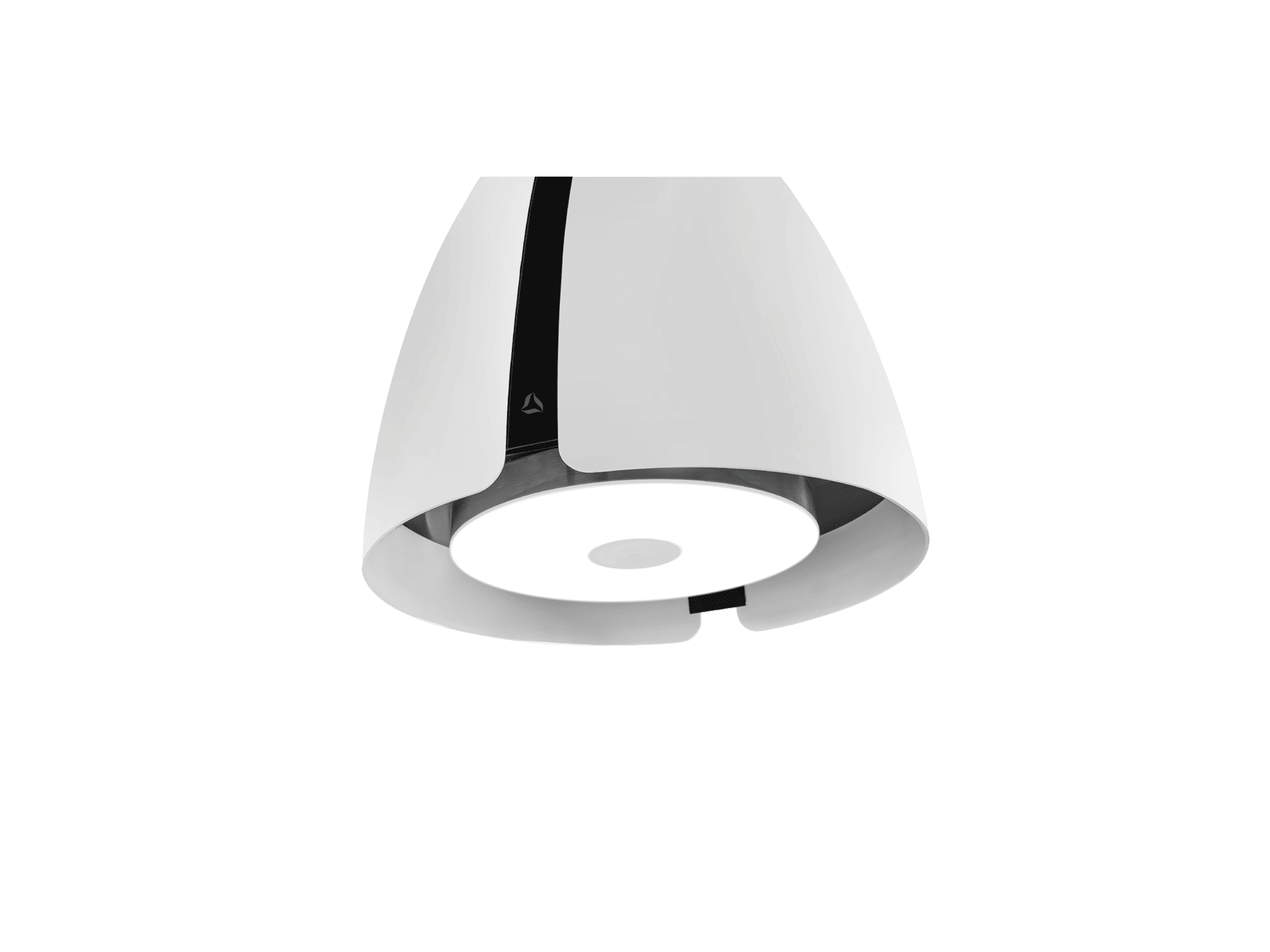 Biały okap wyspowy Ciarko Design z oświetleniem.