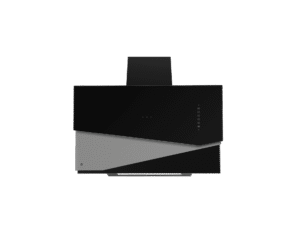 Czarny okap kuchenny z elementami inox.