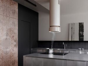 Nowoczesny okap kuchenny w minimalistycznej kuchni.